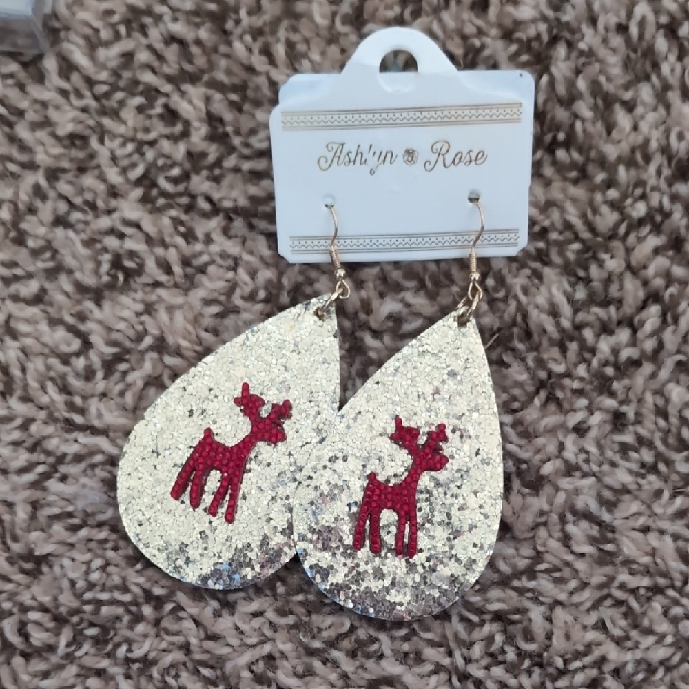 Glitter Reindeer Earrings - Gold and Red